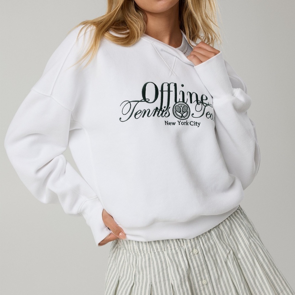 OFFLINE By Aerie Cloud Fleece Classic Crewneck Sweatshirt White Tennis Team